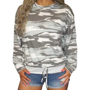 Gray Camouflage Sweater Womens XL Light Blue White Soft Comfy Drawstring